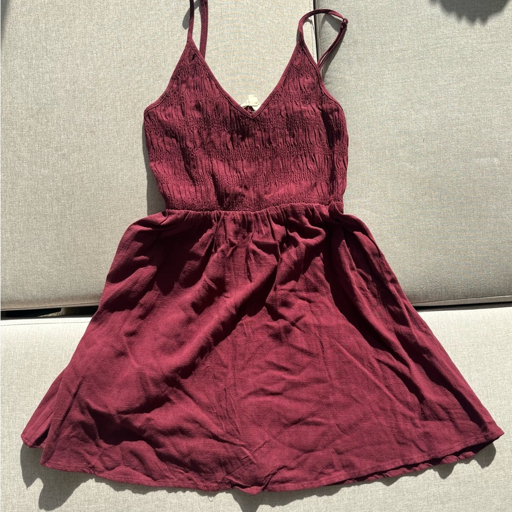 La Hearts Burgundy Linen Blend Mini Sun Dress